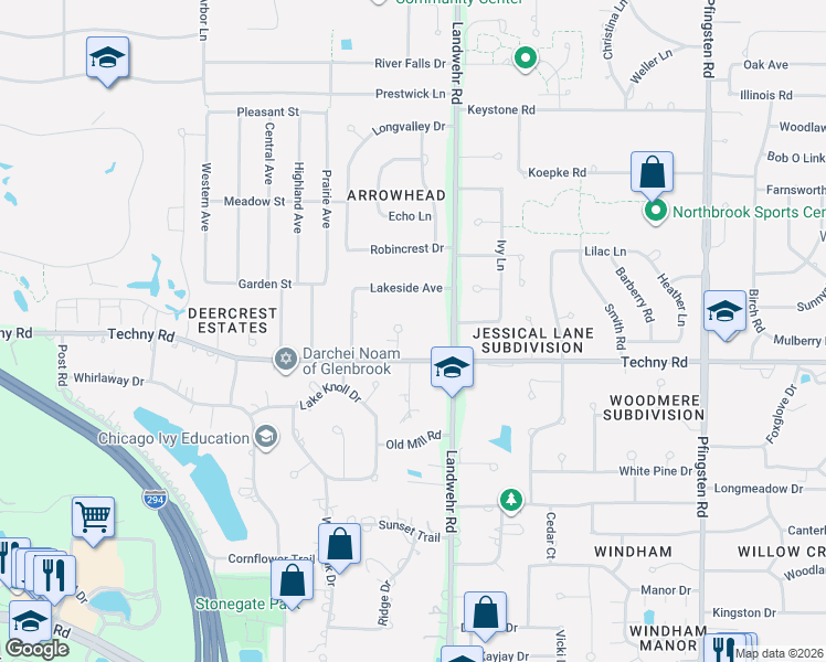 map of restaurants, bars, coffee shops, grocery stores, and more near 3220 Techny Road in Northbrook