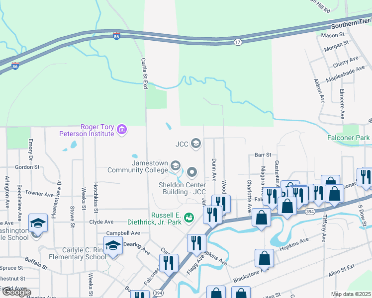map of restaurants, bars, coffee shops, grocery stores, and more near 525 Falconer Street in Jamestown
