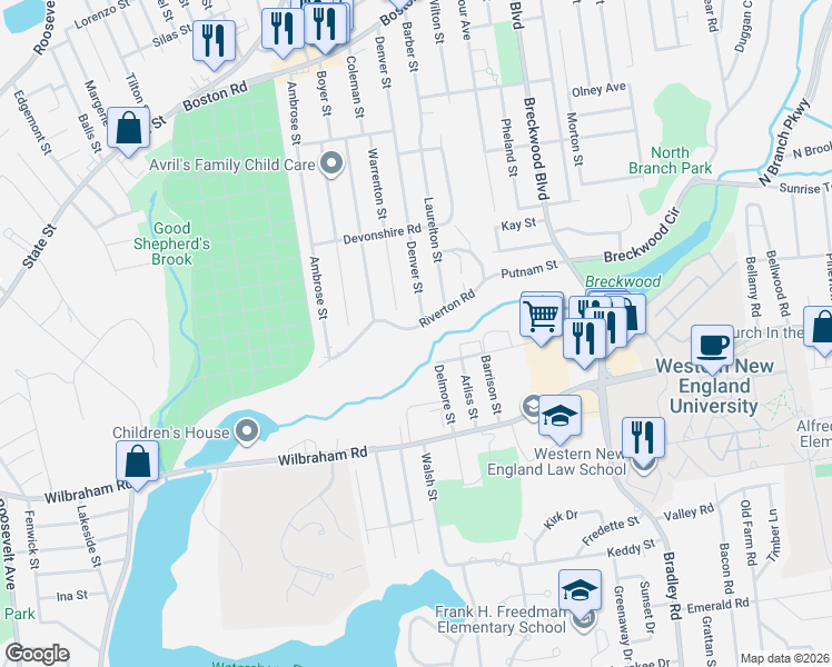 map of restaurants, bars, coffee shops, grocery stores, and more near 2 Lawton Street in Springfield