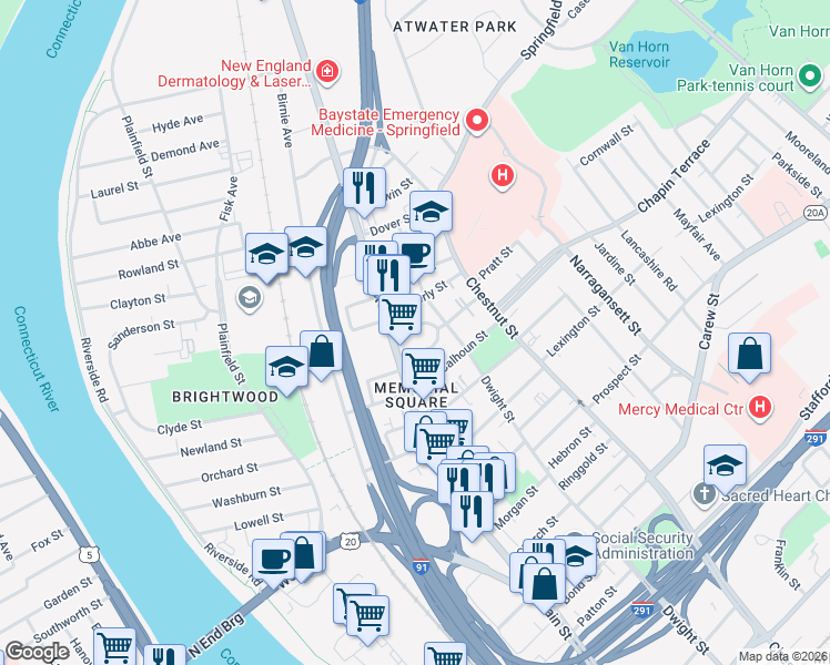 map of restaurants, bars, coffee shops, grocery stores, and more near 24 East Hooker Street in Springfield