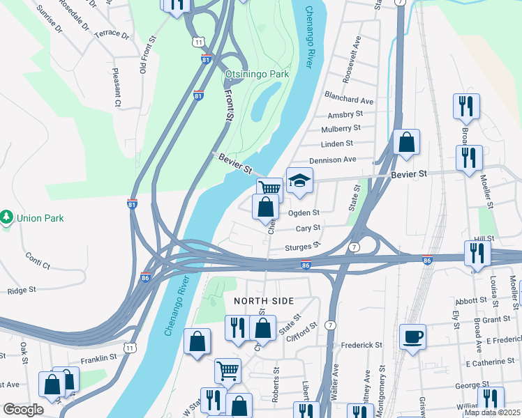 map of restaurants, bars, coffee shops, grocery stores, and more near 16 Lockwood Street in Binghamton