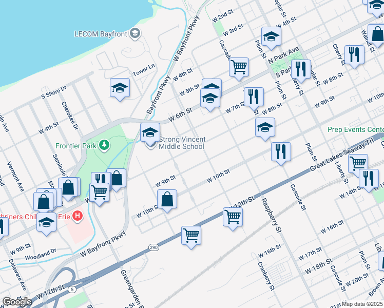 map of restaurants, bars, coffee shops, grocery stores, and more near 1242 West 9th Street in Erie