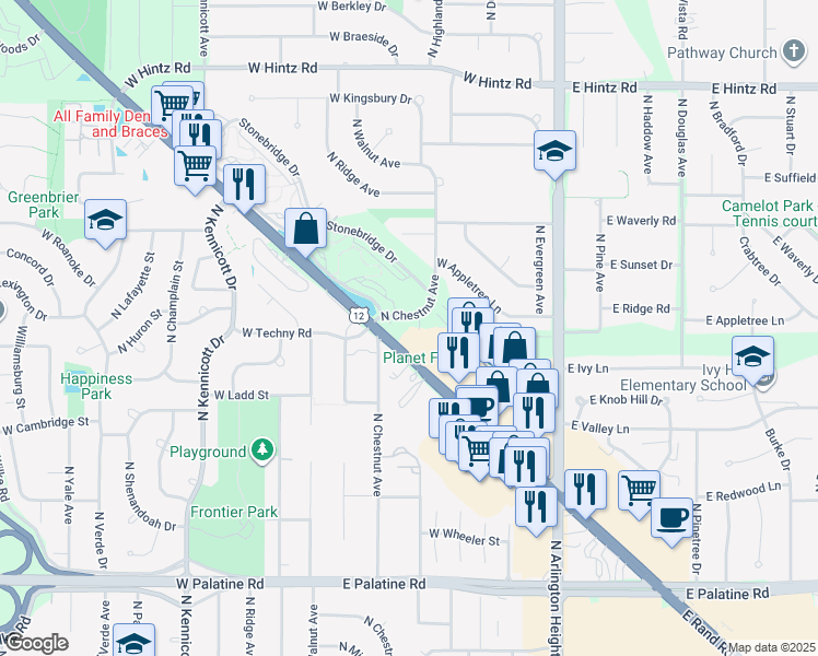 map of restaurants, bars, coffee shops, grocery stores, and more near 273 West Rand Road in Arlington Heights