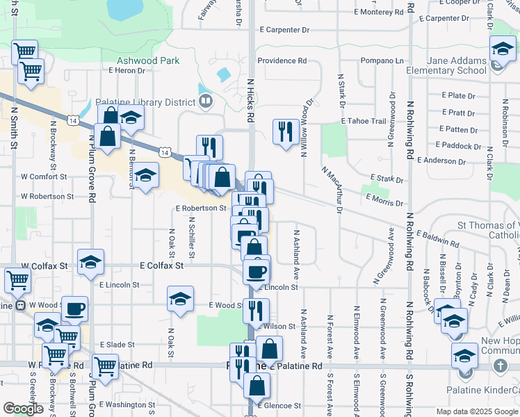 map of restaurants, bars, coffee shops, grocery stores, and more near 323 North Northwest Highway in Palatine