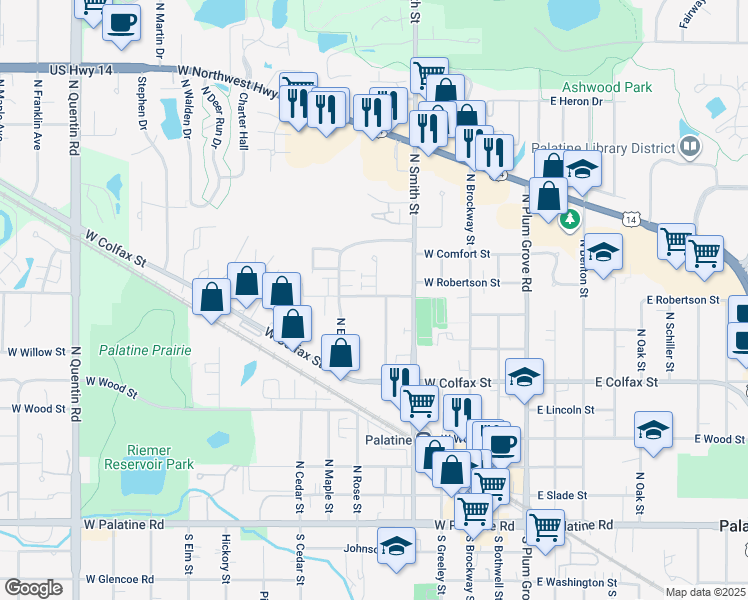 map of restaurants, bars, coffee shops, grocery stores, and more near 330 North Carter Street in Palatine