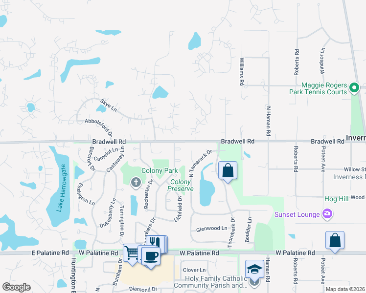 map of restaurants, bars, coffee shops, grocery stores, and more near 5187 Chambers Drive in Hoffman Estates
