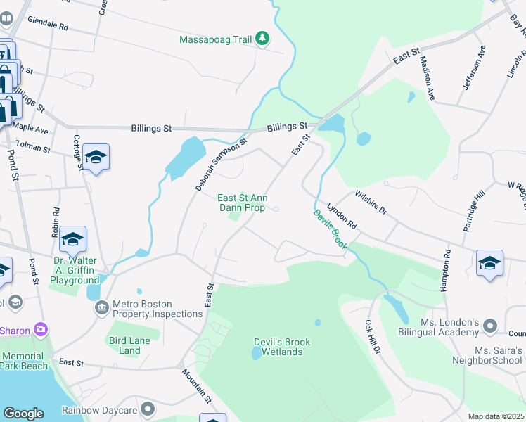 map of restaurants, bars, coffee shops, grocery stores, and more near 189 East Street in Sharon