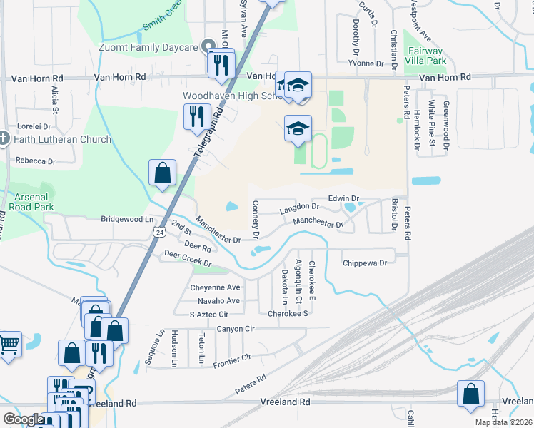 map of restaurants, bars, coffee shops, grocery stores, and more near 24842 Manchester Drive in Brownstown Charter Township