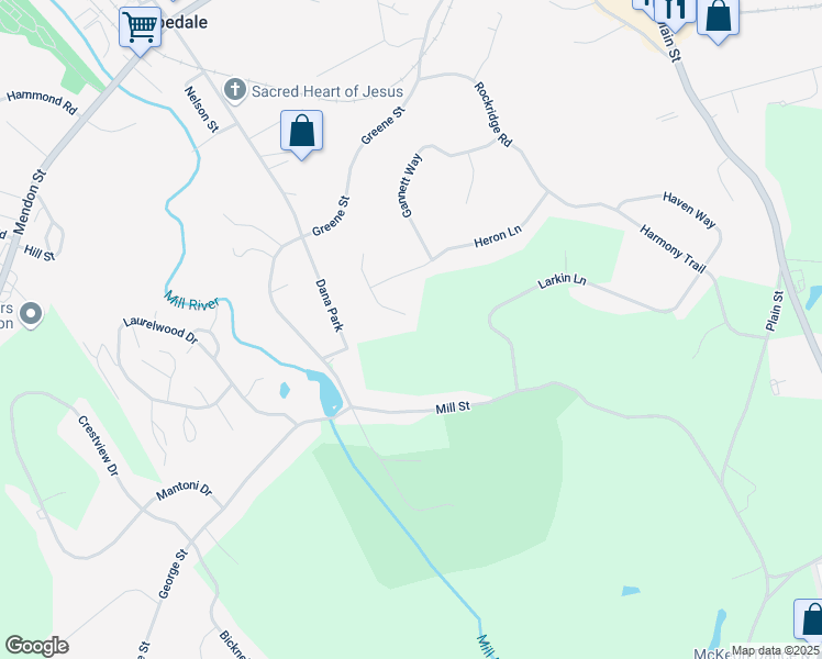 map of restaurants, bars, coffee shops, grocery stores, and more near 1 Forest Path in Hopedale