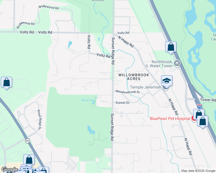 map of restaurants, bars, coffee shops, grocery stores, and more near 1950 Sunset Ridge Road in Northfield