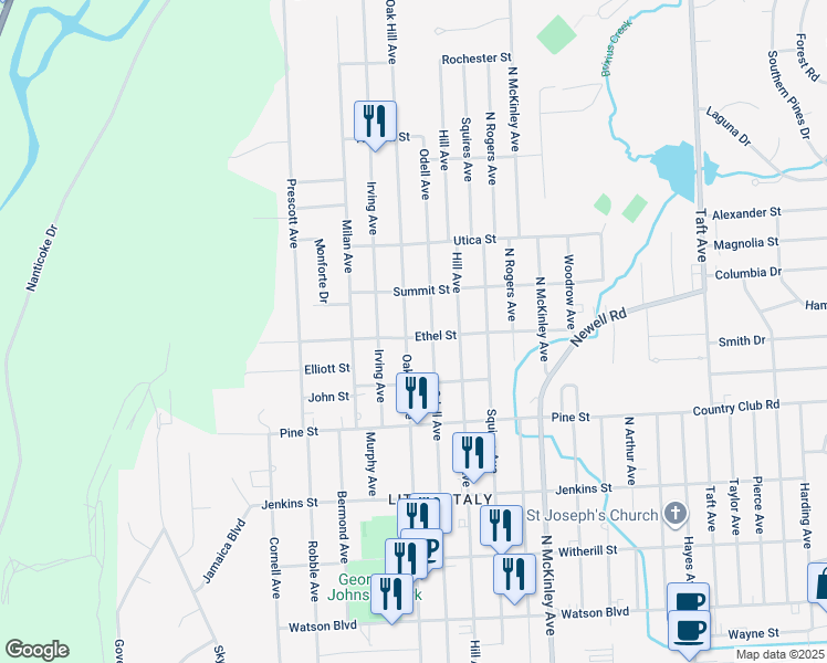 map of restaurants, bars, coffee shops, grocery stores, and more near 517 Odell Avenue in Endicott