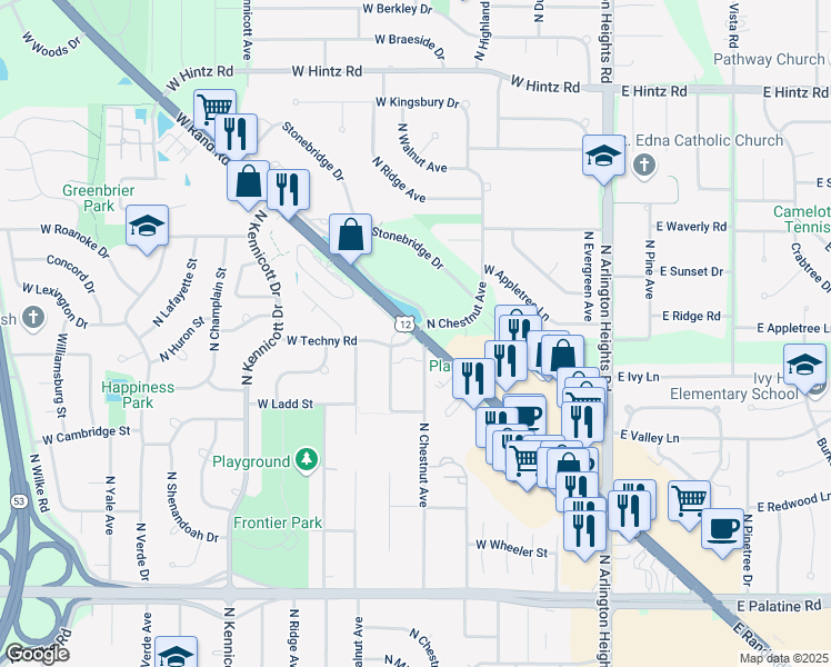map of restaurants, bars, coffee shops, grocery stores, and more near 401 West Rand Road in Arlington Heights