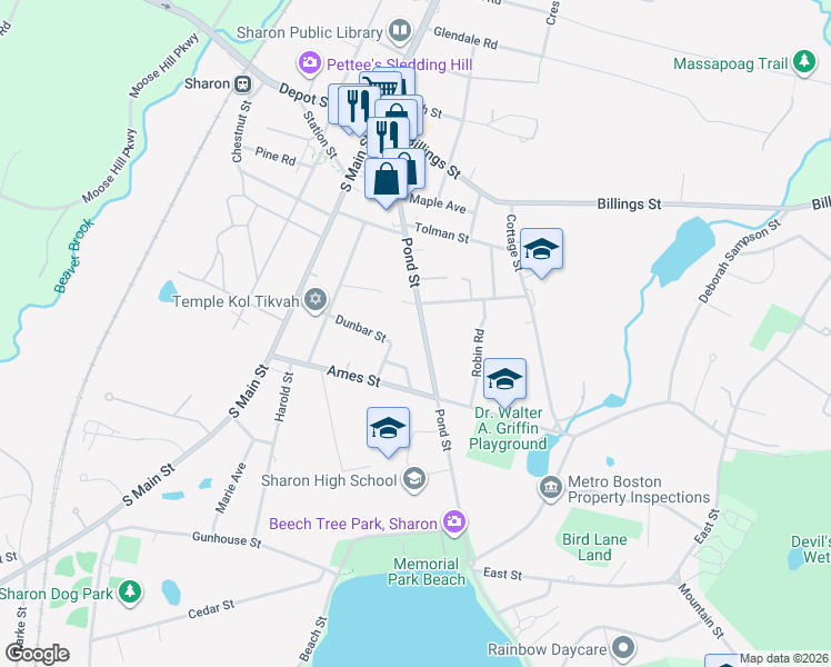 map of restaurants, bars, coffee shops, grocery stores, and more near 9 Park Road in Sharon