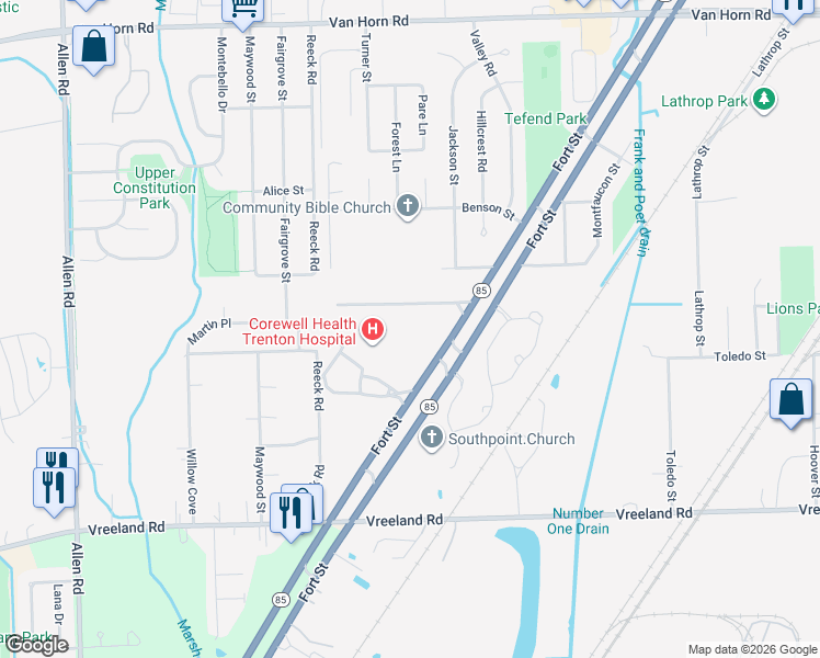 map of restaurants, bars, coffee shops, grocery stores, and more near 5400 Fort Street in Trenton