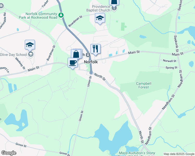 map of restaurants, bars, coffee shops, grocery stores, and more near 40 North Street in Norfolk