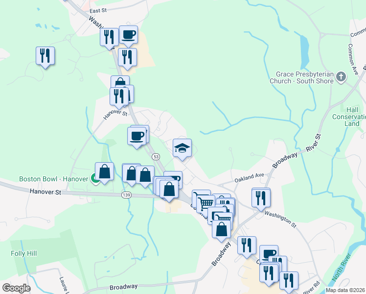 map of restaurants, bars, coffee shops, grocery stores, and more near 361 Washington Street in Hanover