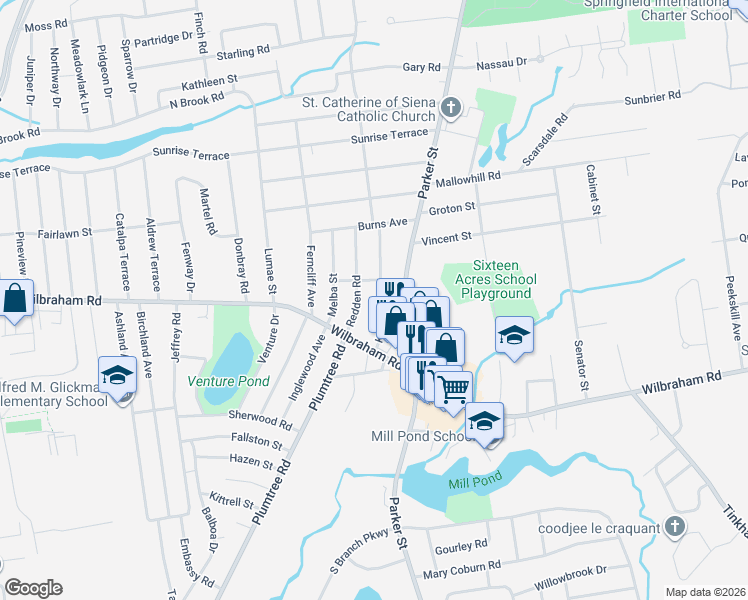 map of restaurants, bars, coffee shops, grocery stores, and more near 33 Kane St in Springfield