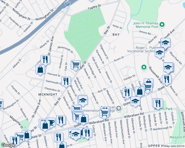 map of restaurants, bars, coffee shops, grocery stores, and more near 98 Cambridge Street in Springfield