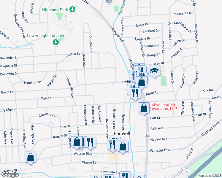 map of restaurants, bars, coffee shops, grocery stores, and more near 3534 Smith Drive in Endicott