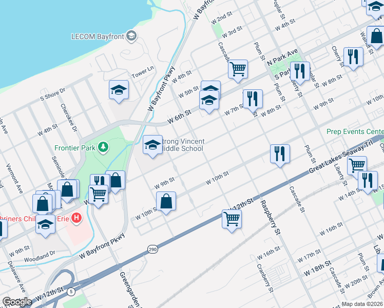 map of restaurants, bars, coffee shops, grocery stores, and more near 1242 West 9th Street in Erie