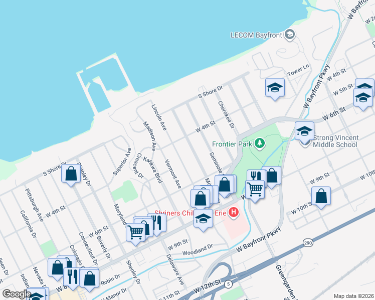 map of restaurants, bars, coffee shops, grocery stores, and more near 441 Lincoln Avenue in Erie