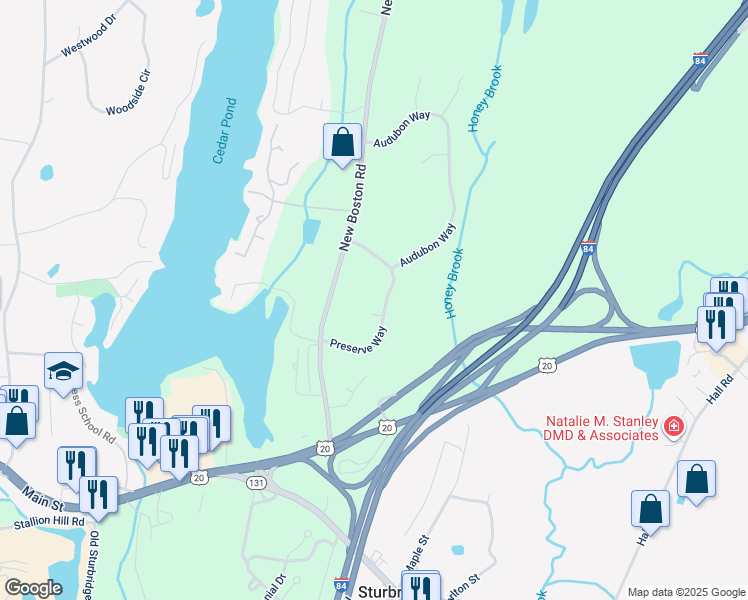 map of restaurants, bars, coffee shops, grocery stores, and more near 15 Preserve Way in Sturbridge