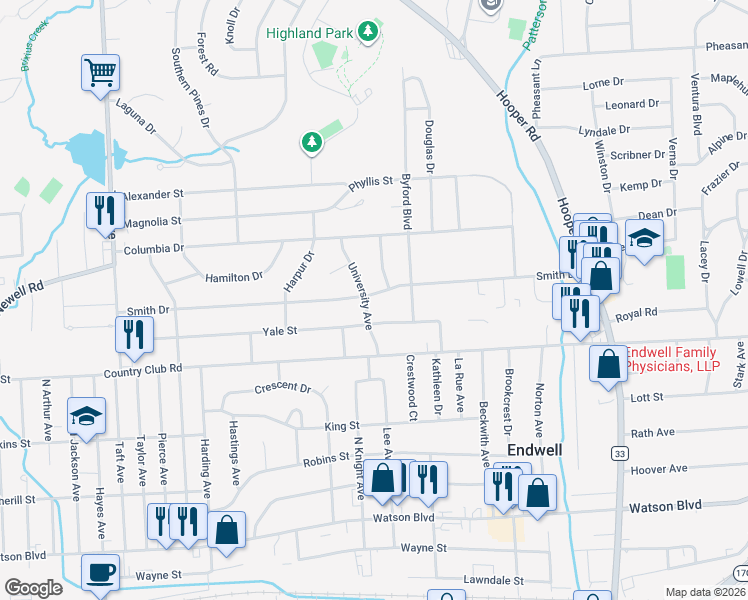 map of restaurants, bars, coffee shops, grocery stores, and more near 3003 Yale Street in Endicott