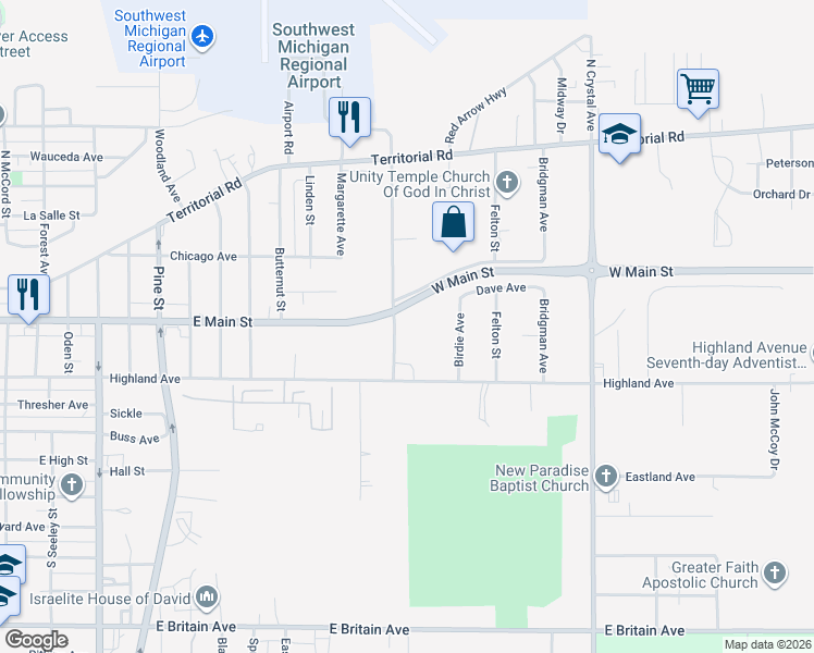 map of restaurants, bars, coffee shops, grocery stores, and more near 150 Urbandale Avenue in Benton Harbor
