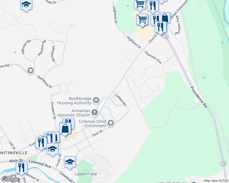 map of restaurants, bars, coffee shops, grocery stores, and more near 406 Church Street in Northbridge