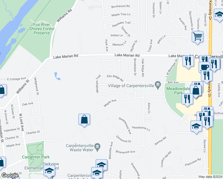 map of restaurants, bars, coffee shops, grocery stores, and more near 404 Windham Trail in Carpentersville