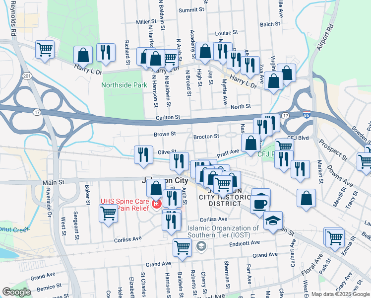 map of restaurants, bars, coffee shops, grocery stores, and more near Arch Street Overpass in Johnson City