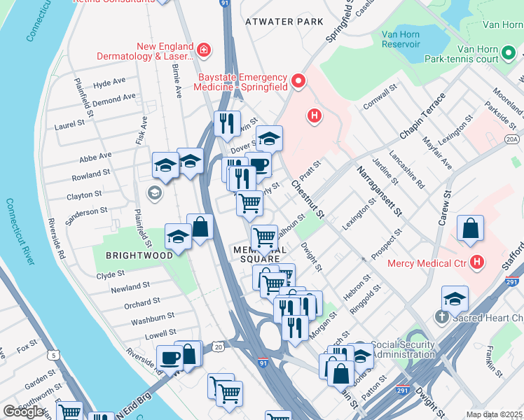 map of restaurants, bars, coffee shops, grocery stores, and more near 24 East Hooker Street in Springfield