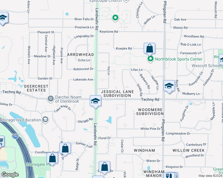 map of restaurants, bars, coffee shops, grocery stores, and more near 3110 Techny Road in Northbrook