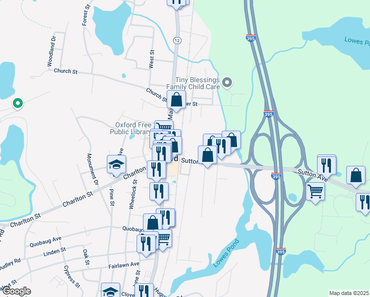 map of restaurants, bars, coffee shops, grocery stores, and more near 8 1/2 Sutton Avenue in Oxford