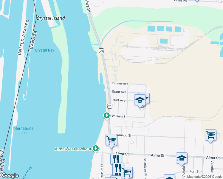 map of restaurants, bars, coffee shops, grocery stores, and more near 199 Sandwich Street North in Amherstburg