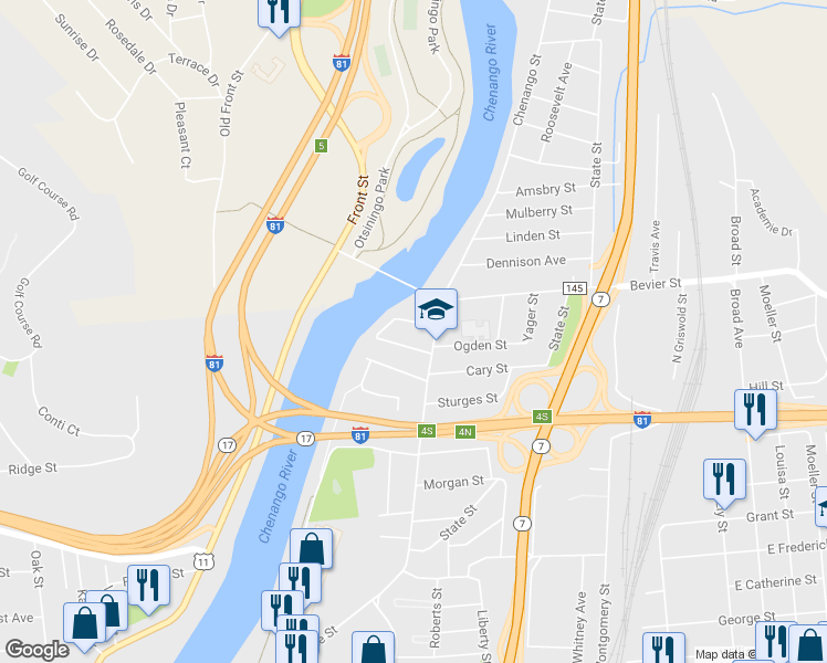 map of restaurants, bars, coffee shops, grocery stores, and more near 12 Green Street in Binghamton