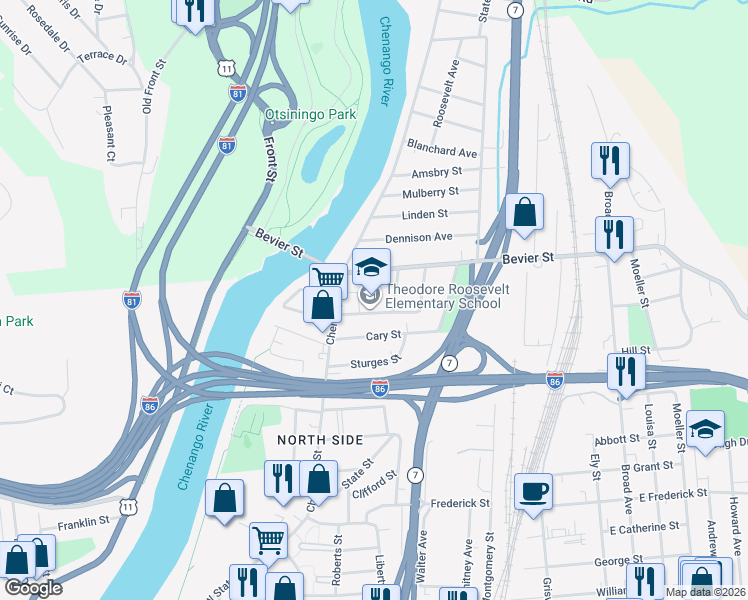 map of restaurants, bars, coffee shops, grocery stores, and more near 9 Ogden Street in Binghamton