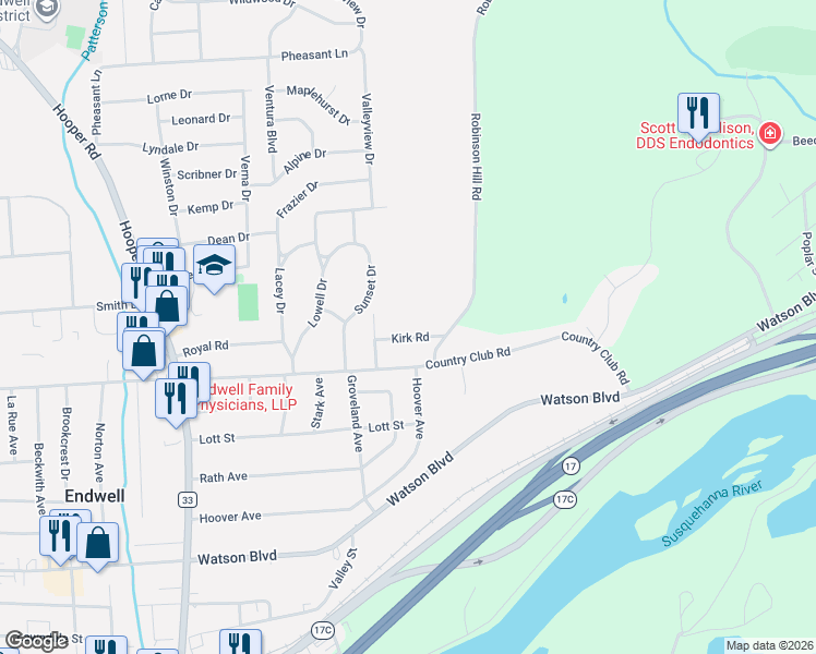 map of restaurants, bars, coffee shops, grocery stores, and more near 3721 Kirk Road in Endicott