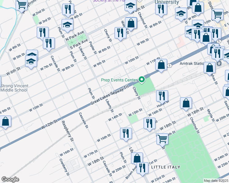 map of restaurants, bars, coffee shops, grocery stores, and more near Poplar Street in Erie