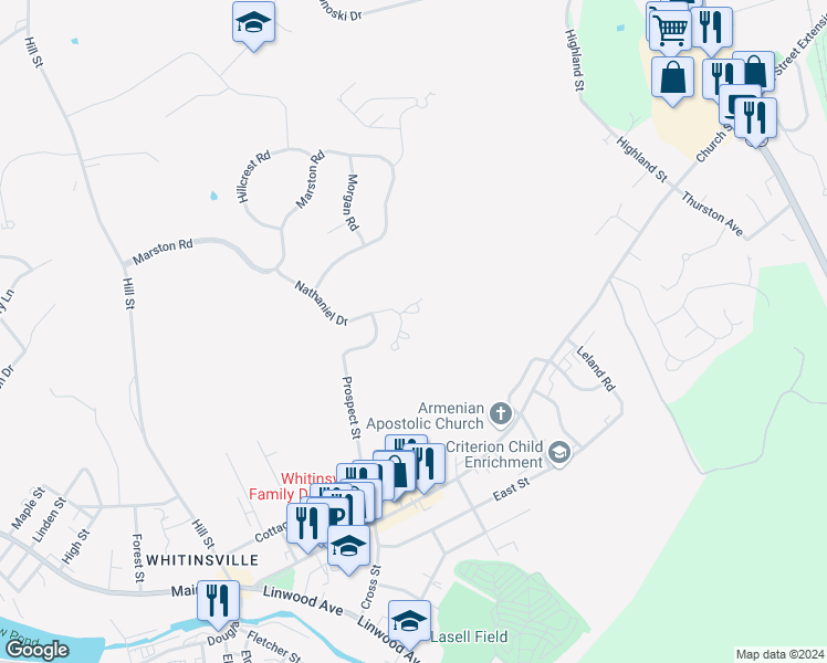 map of restaurants, bars, coffee shops, grocery stores, and more near 44 Hillview Lane in Northbridge