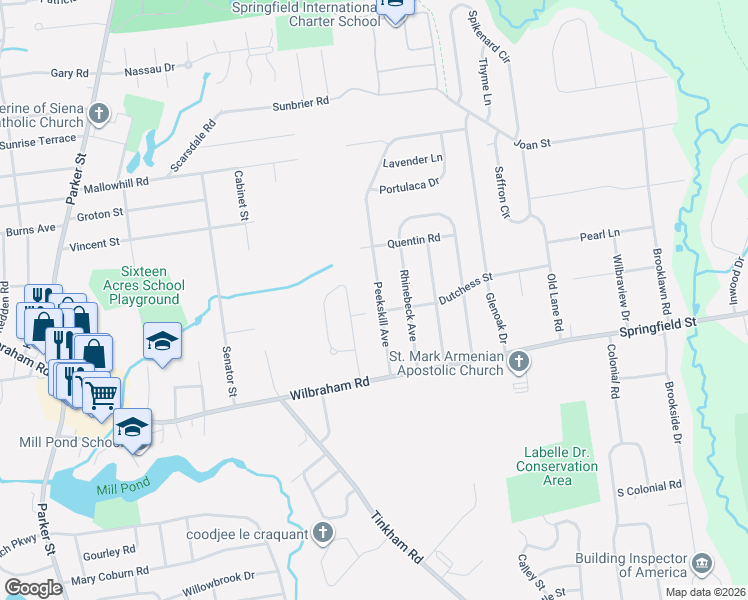 map of restaurants, bars, coffee shops, grocery stores, and more near 105 Peekskill Avenue in Springfield