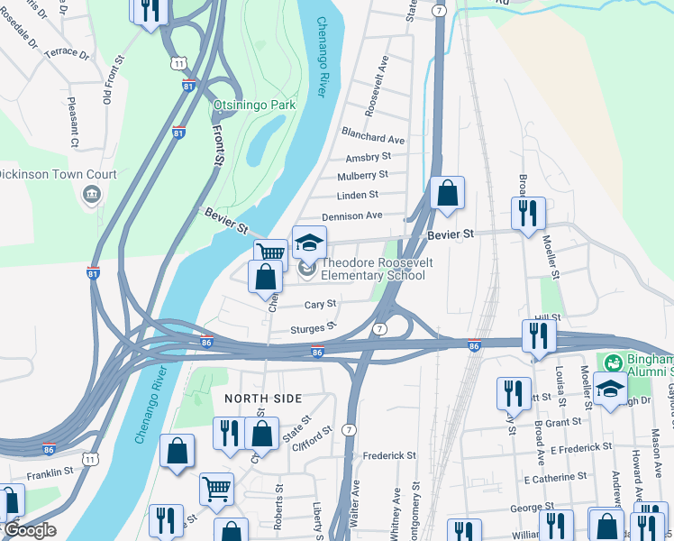map of restaurants, bars, coffee shops, grocery stores, and more near 32 Bevier Street in Binghamton