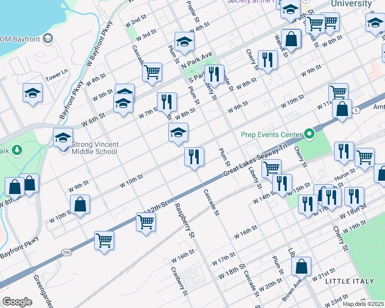 map of restaurants, bars, coffee shops, grocery stores, and more near 952 West 10th Street in Erie