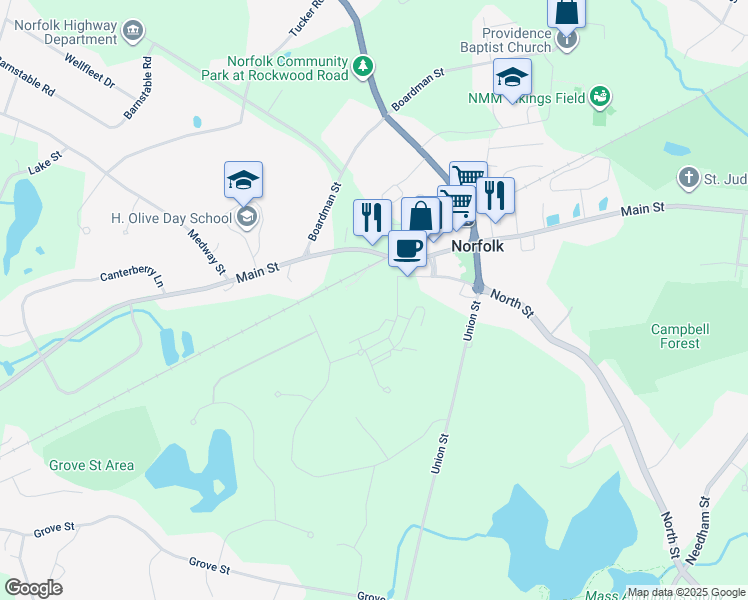 map of restaurants, bars, coffee shops, grocery stores, and more near 45-77 Liberty Lane in Norfolk