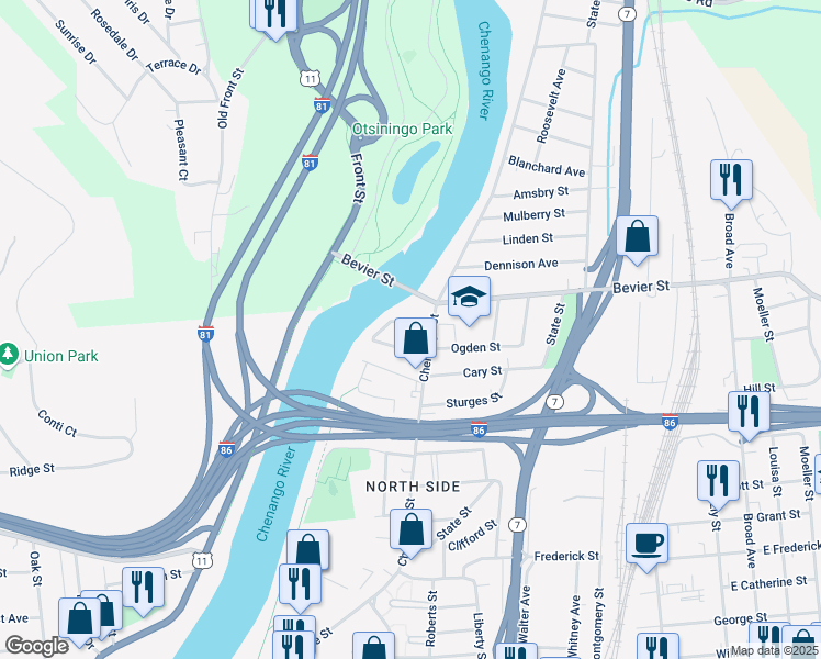 map of restaurants, bars, coffee shops, grocery stores, and more near 14 Green Street in Binghamton