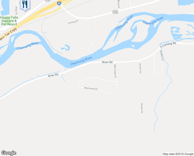 map of restaurants, bars, coffee shops, grocery stores, and more near 2446 Morrcrest Drive in Corning