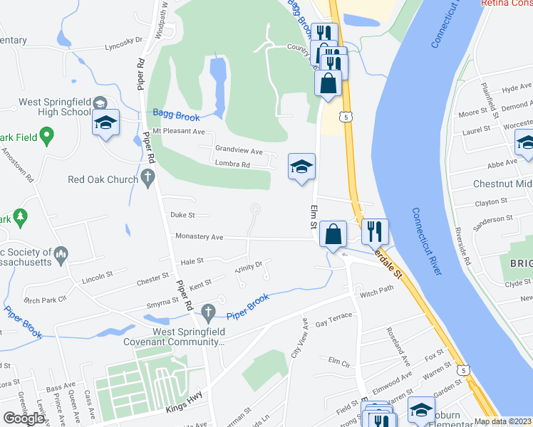 map of restaurants, bars, coffee shops, grocery stores, and more near 110 Monastery Avenue in West Springfield