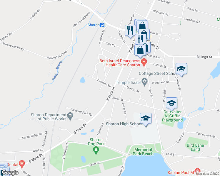 map of restaurants, bars, coffee shops, grocery stores, and more near 4 Oakland Road in Sharon