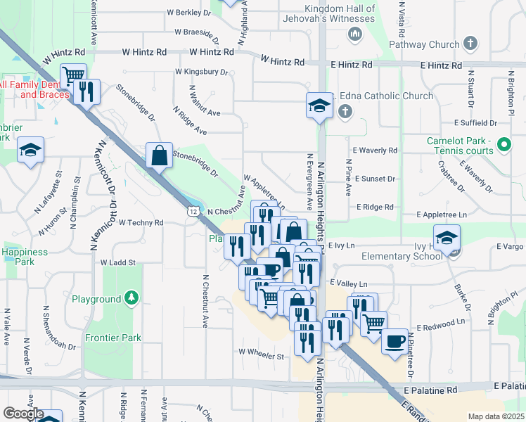 map of restaurants, bars, coffee shops, grocery stores, and more near 2300 North Arlington Heights Road in Arlington Heights