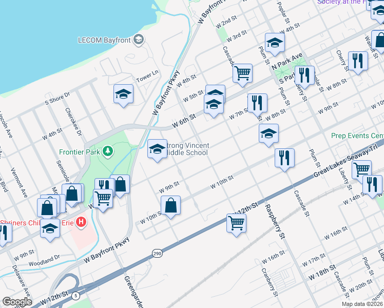 map of restaurants, bars, coffee shops, grocery stores, and more near 1224 West 8th Street in Erie